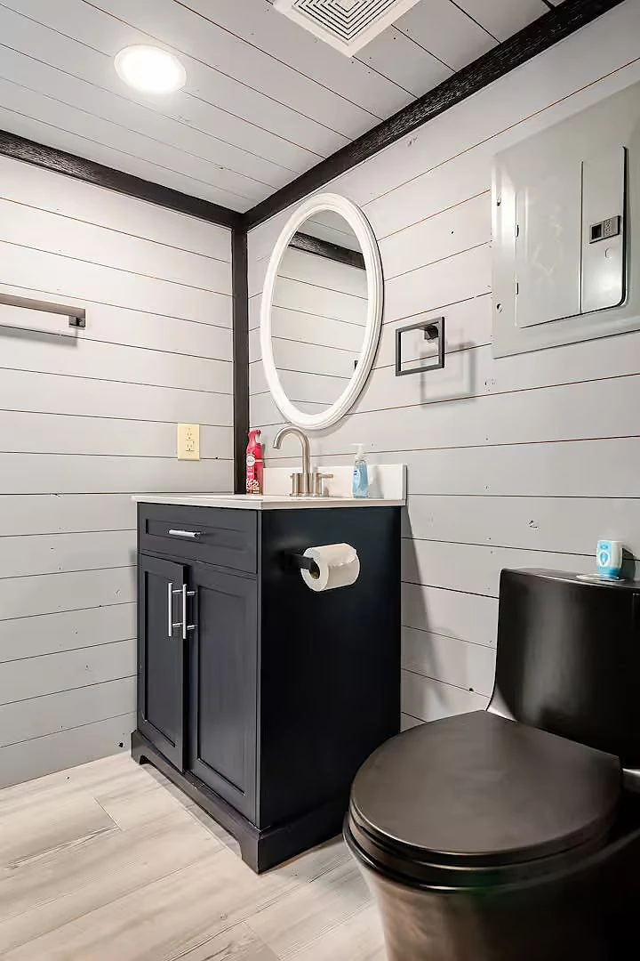 Bathroom in a sleeping cabin at Moto Supreme, Norman Indiana