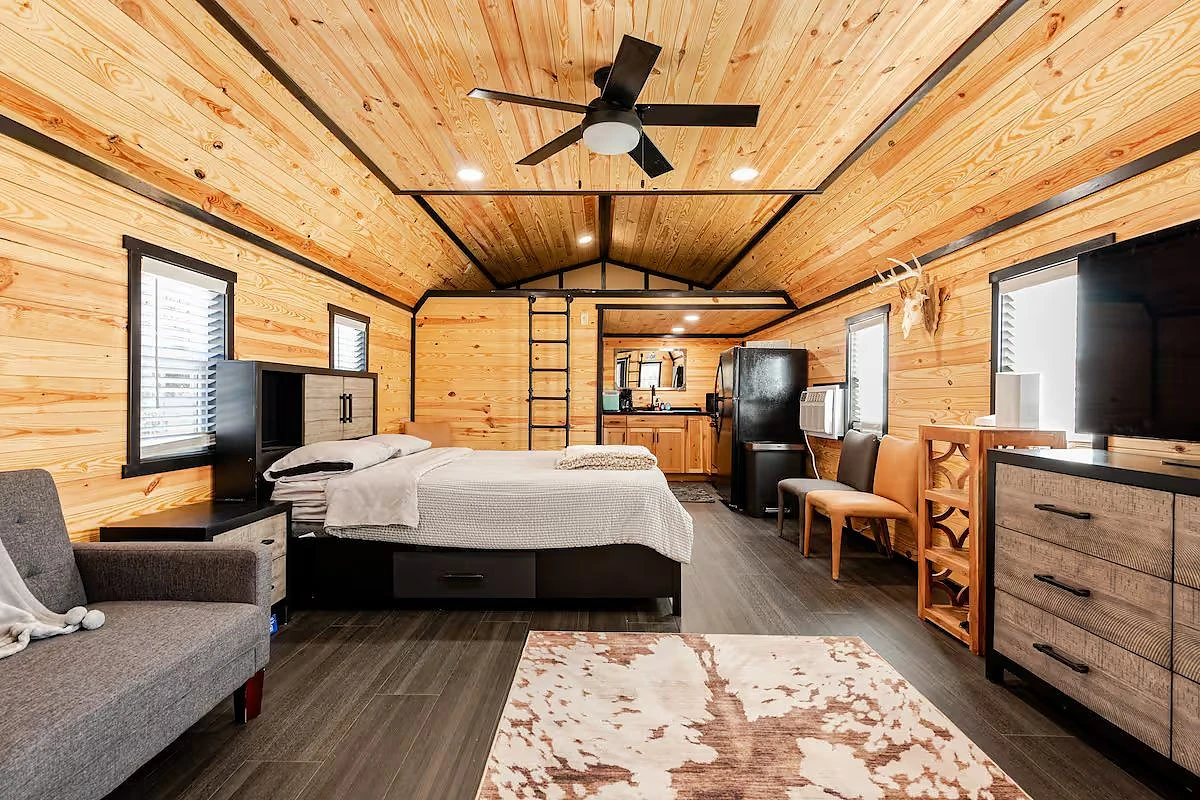 Sleeping area in a Moto Supreme cabin in Norman, Indiana